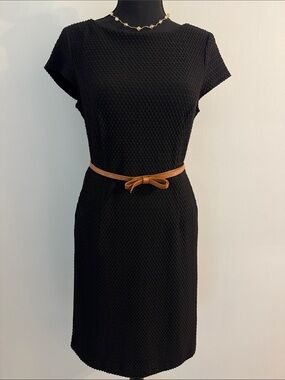Classic Black Cap-Sleeve Textured Dress with Tan Belt